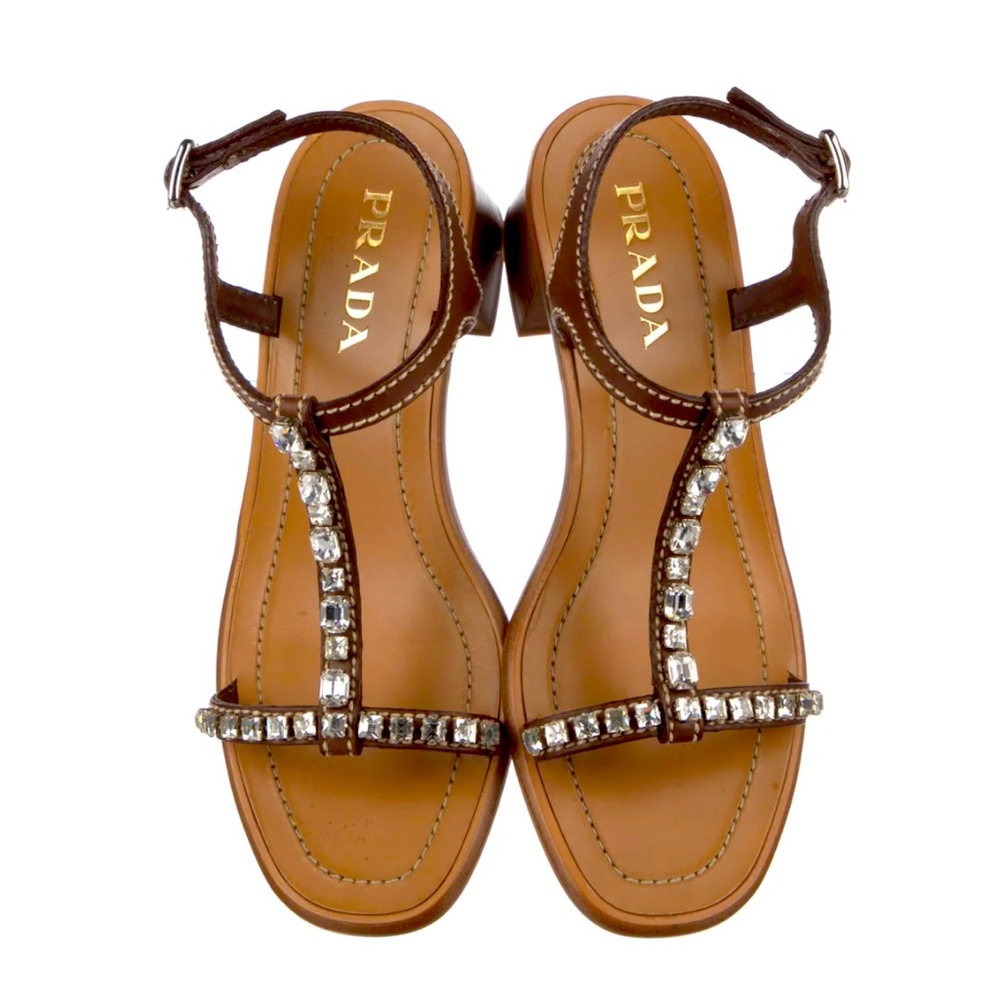 Prada Leather Crystal Embellishments T-Strap Sandals